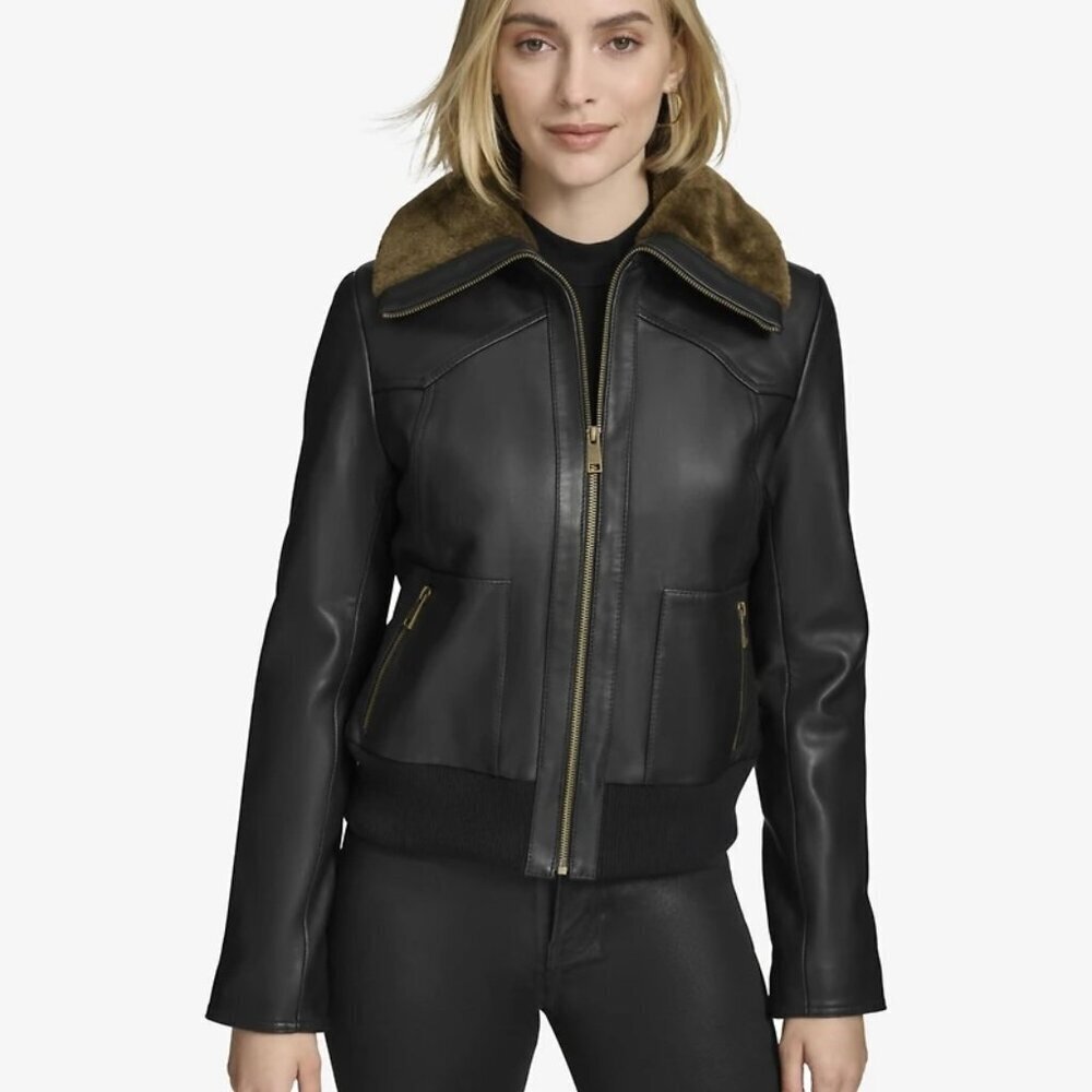 Andrew Marc Black Label Women's Evie Aviator-Style Leather Jacket - Sz. L - EUC